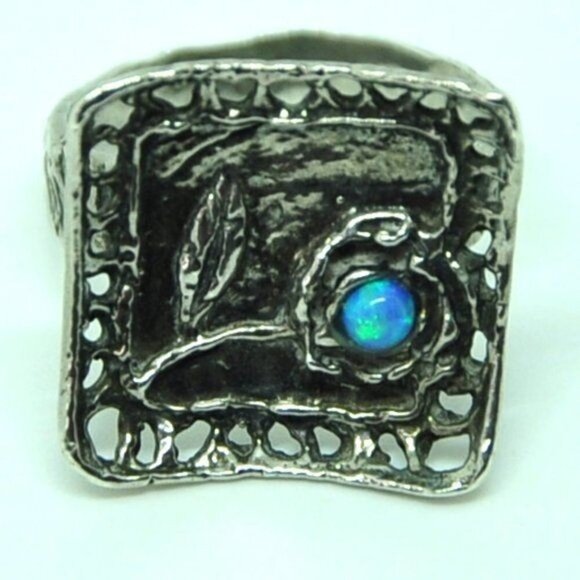 Artisan Sterling Silver Blue Opal Flower Ring – Hand Hammered, Size 7.5 - Picture 11 of 15